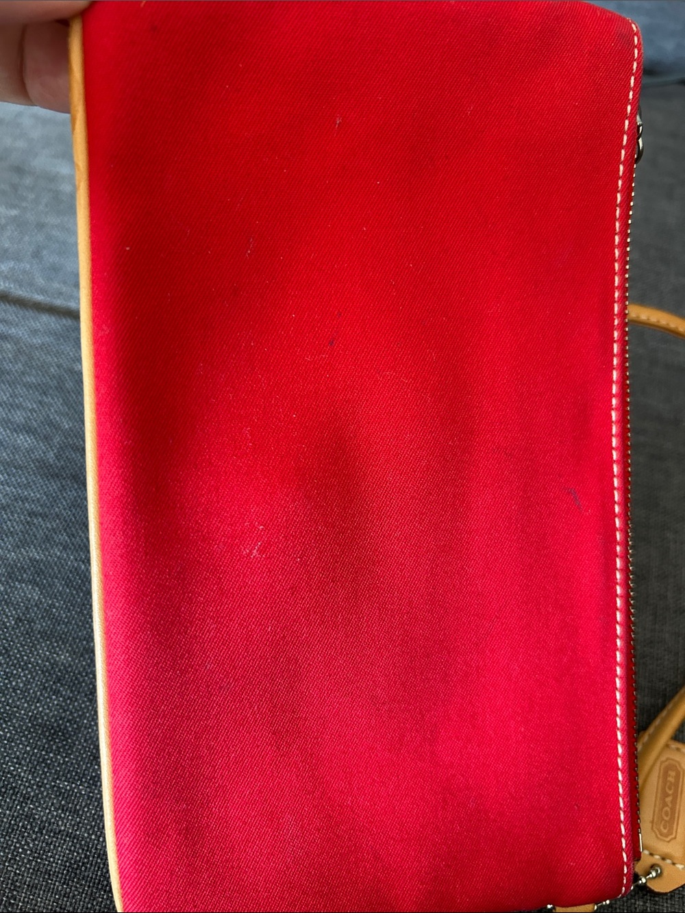 Coach Red Canvas Wristlet with Tan Leather Trim and Buckle - Picture 4 of 8